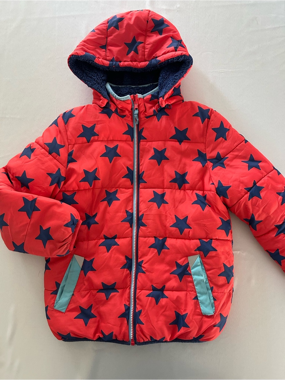 Mini Boden Reversible Red Puffer Jacket with Navy Stars EUC